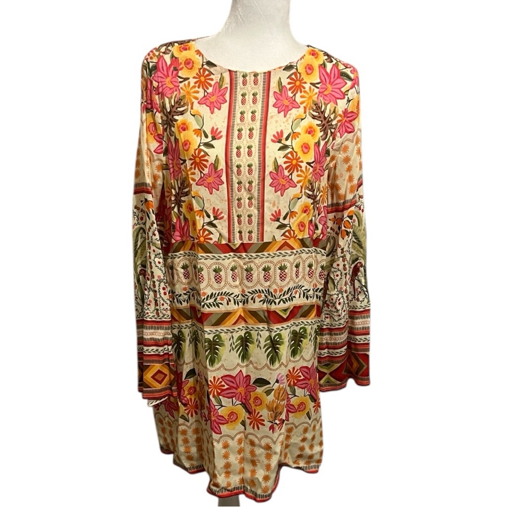 NWT Celina Moon Floral Tunic Mini Dress Large Bell Sleeve Boho Top Pockets - Picture 2 of 12